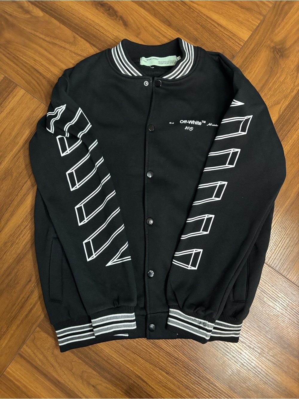 Off-White Black Bomber Jacket with White Sleeve Chevron Graphics